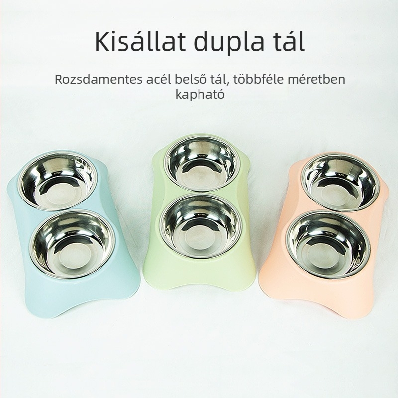 Kutyához és macskához egyesített etető- és itató tál, rozsdamentes acélból, magas lábú, csúszásmentes talppal