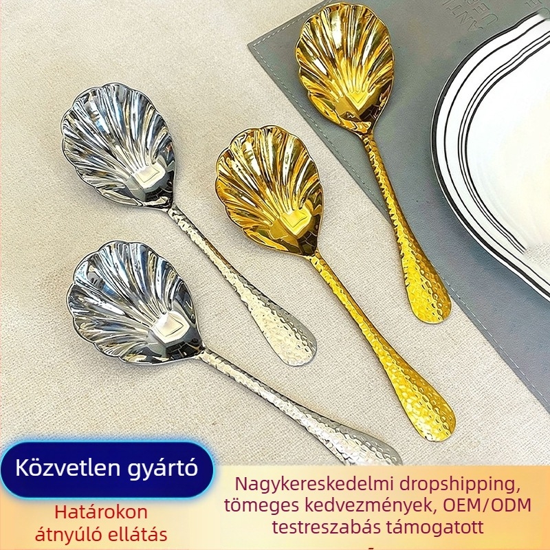 Rozsdamentes acél tálalókanál kalapált kagyló mintával, könnyed luxus retro stílus, nagy méretű kanál szállodai és otthoni használatra, élelmiszer megosztására