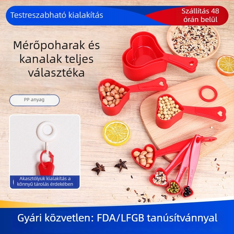 Műanyag szív alakú mérőedények és kanálkészlet – nyolc darabos, sütéshez