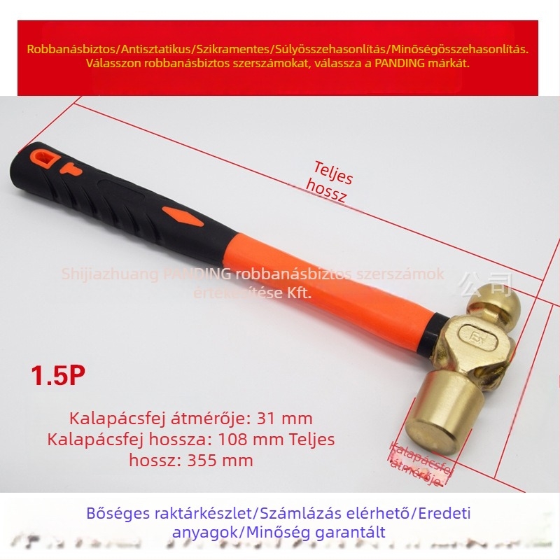 Robbanásbiztos nyolcszögletű kalapács alumínium-bronz ötvözetű nyéllel és rostos vagy műanyag markolattal