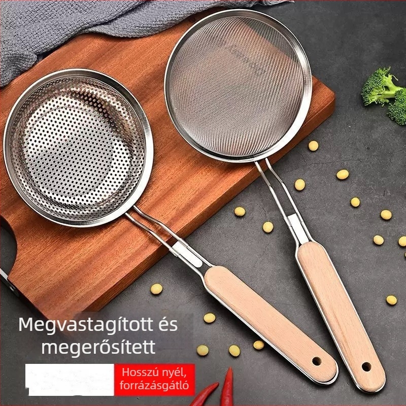 16# Fából készült nyéllel, rozsdamentes acél szitálókanál – konyhai hálós szűrő és lecsöpögtető dumplings és tészta számára
