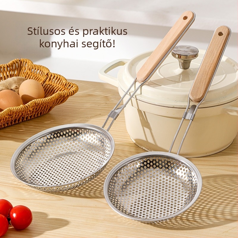 16# Fából készült nyéllel, rozsdamentes acél szitálókanál – konyhai hálós szűrő és lecsöpögtető dumplings és tészta számára