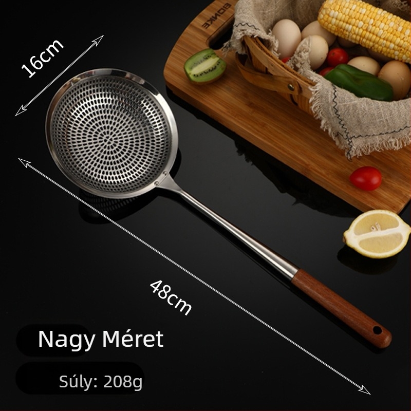 304 rozsdamentes acél nagy lyukas kanál, hosszú fa nyéllel, sütőolaj szűrésére, konyhai szűrőkanál