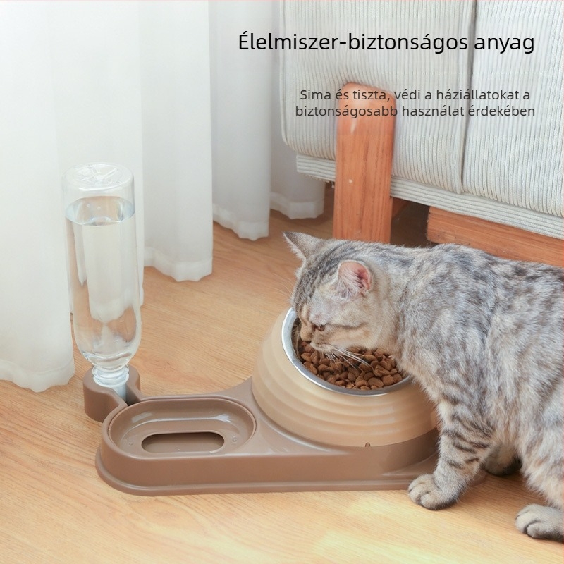 Három az egyben etető- és itató tál háziállatoknak, ferde szájú, nyakvédővel, csúszásmentes és lassú etetés.