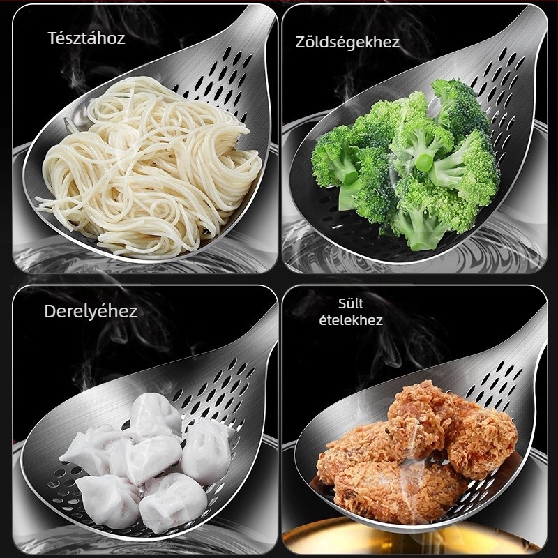 Rozsdamentes acélból készült konyhai szűrő tészta és dumpling számára, élelmiszer-minőségű, otthoni használatra, olajcsepegő hálóval