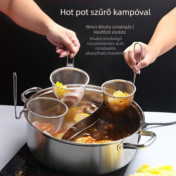 Rozsdamentes acélból készült forró fazék szűrőkanál finom hálóval – konyhai merőkanál és fritőrszűrő