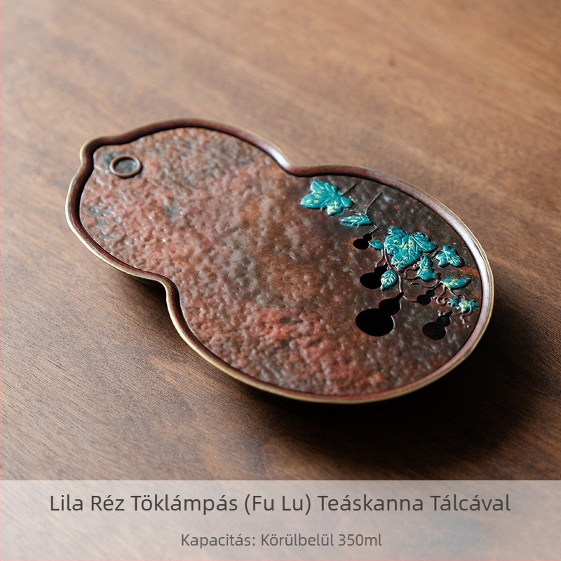 Vintage réz teáskanna leeresztő tálcával és dekoratív állvánnyal, egyedülálló otthoni teáskészlet, teaceremónia kiegészítők