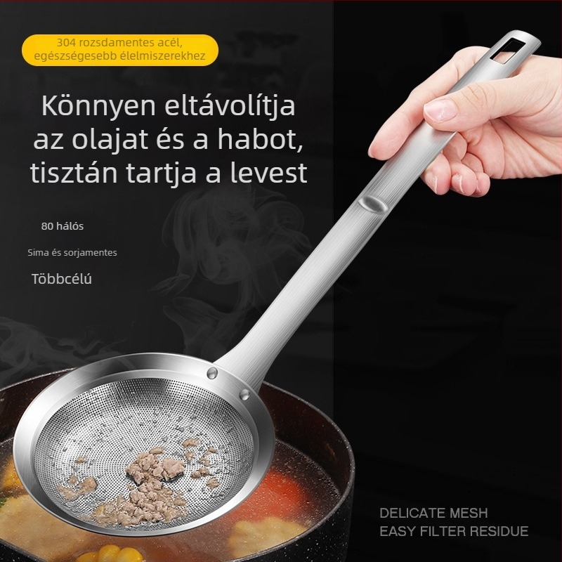 304 rozsdamentes acél olajleválasztó kanál hab eltávolításához, konyhai szójatej szűrőkanál, olajmegtakarító eszköz
