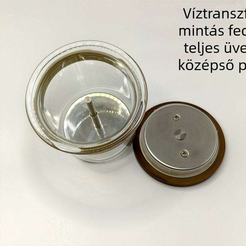 Magas boroszilikát üveg belsővel és középre nyomható fedéllel rendelkező teáskanna víztranszfer mintázattal