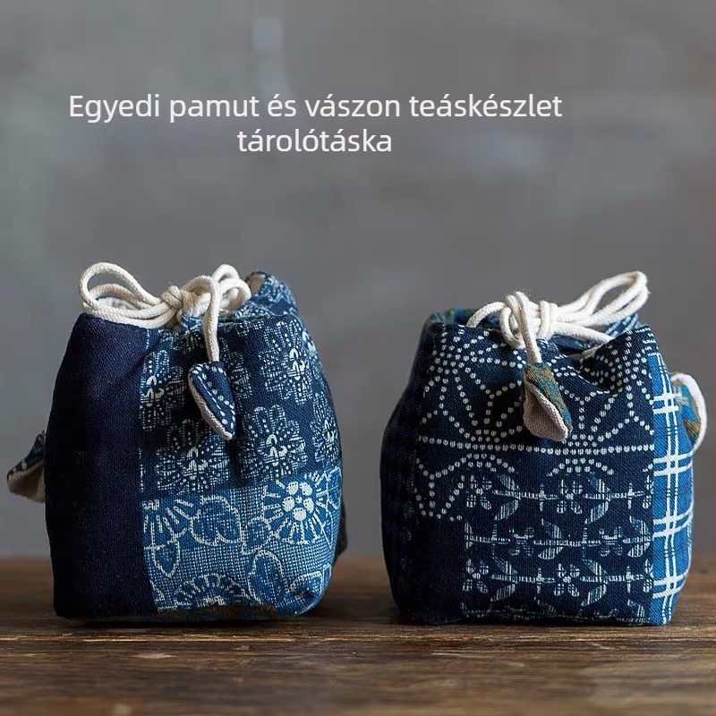 Tea ceremóniás kiegészítők: vászonból készült tasak teáscsészékhez, hordozható teáskészlet-tároló, pamut és len