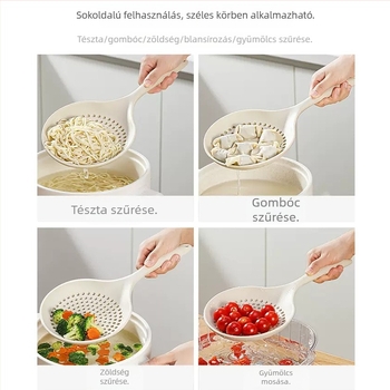 Nagy méretű szilikon szűrőkanál tészta és dumplings leöblítésére, élelmiszer‑minőségű, hőálló, hosszú nyél