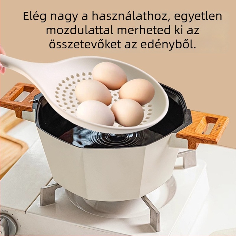 Nagy méretű szilikon szűrőkanál tészta és dumplings leöblítésére, élelmiszer‑minőségű, hőálló, hosszú nyél