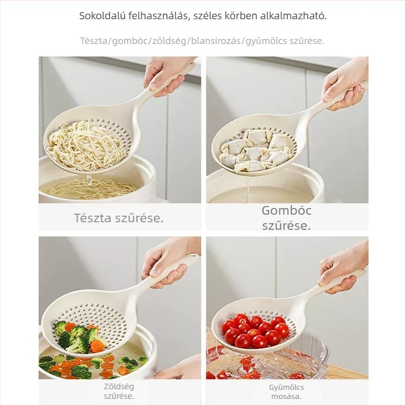 Nagy méretű szilikon szűrőkanál tészta és dumplings leöblítésére, élelmiszer‑minőségű, hőálló, hosszú nyél