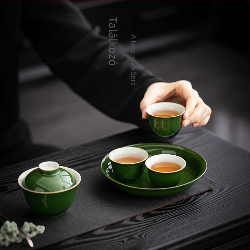 Smaragdzöld retro kerámia teáskanna alap – kör alakú kerámia hőszigetelő alátét a teaceremóniához