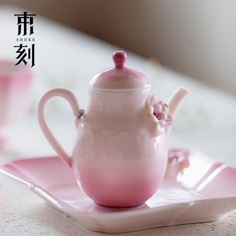 Rózsaszín kézzel készített virágos teáskanna Gongfu tea ceremóniához