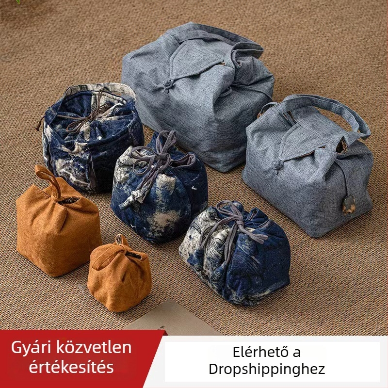 Kordozható teaceremóniai készlet pamut tárolótáskával — egy teáskanna és két teáscsésze