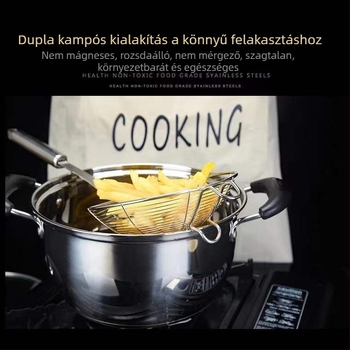 Rozsdamentes acélból készült forró fazék szűrő hosszú nyéllel és dupla kampóval, ideális gyoza és knédli kiemelésére