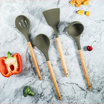 Fa nyelű szilikon konyhai eszközök készlet, tapadásmentes spatula, kanál és szűrőkanál, 4 darab