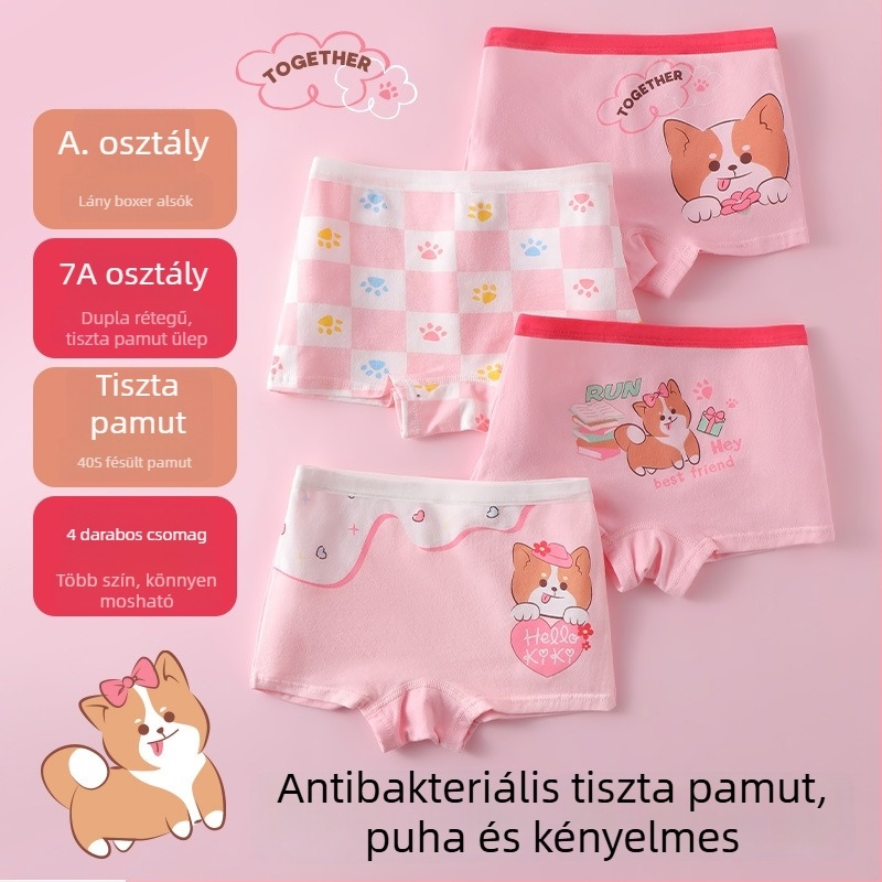Lányoknak szóló antibakteriális pamut alsóneműk, négy darabos csomagban, A osztály, finom szövésű pamut