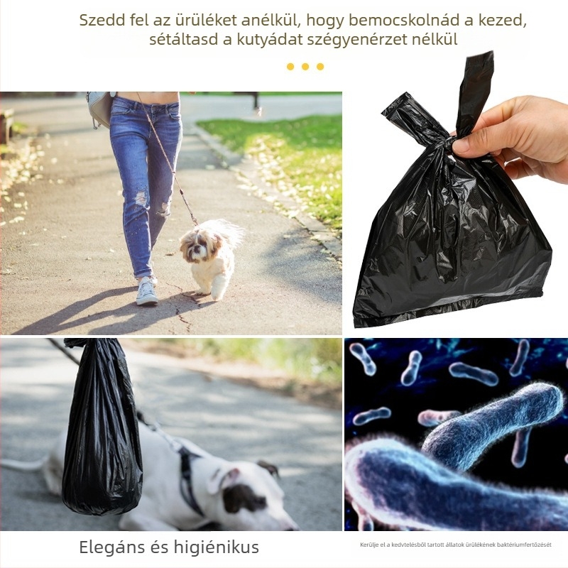 Fekete, egyszer használatos HDPE-ből készült állathulladék-zacskók macska- és kutya ürülékhez, vastagított, fogantyús, autóba és az asztalhoz