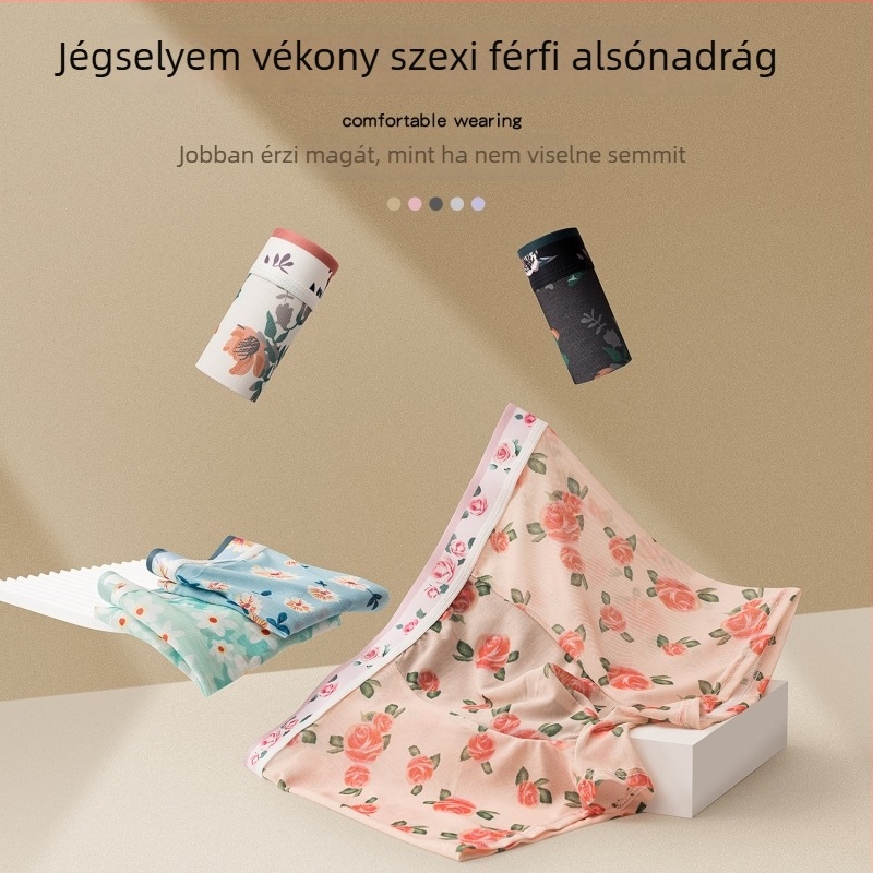 Férfiaknak szóló vékony jégselyem boxerek középmagas derekú boxer, légáteresztő, antibakteriális, gyorsan száradó, csipke mintával