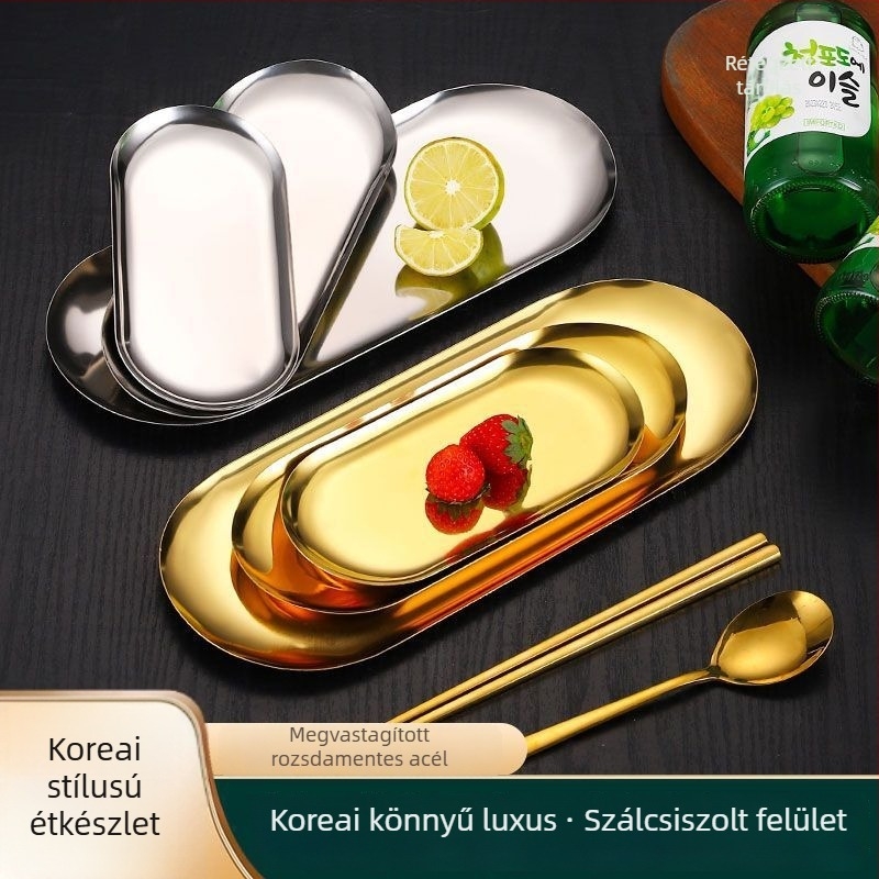 Koreai stílusú ovális rozsdamentes acél tál grillezéshez és harapnivalókhoz, arany felülettel