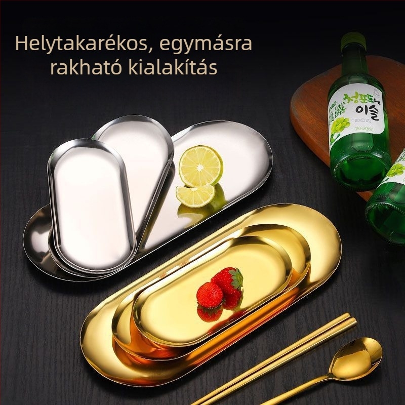 Koreai stílusú ovális rozsdamentes acél tál grillezéshez és harapnivalókhoz, arany felülettel