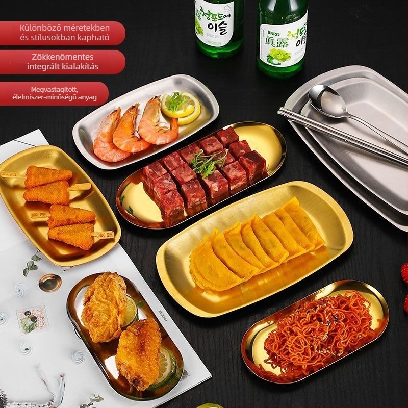 Koreai stílusú ovális rozsdamentes acél tál grillezéshez és harapnivalókhoz, arany felülettel