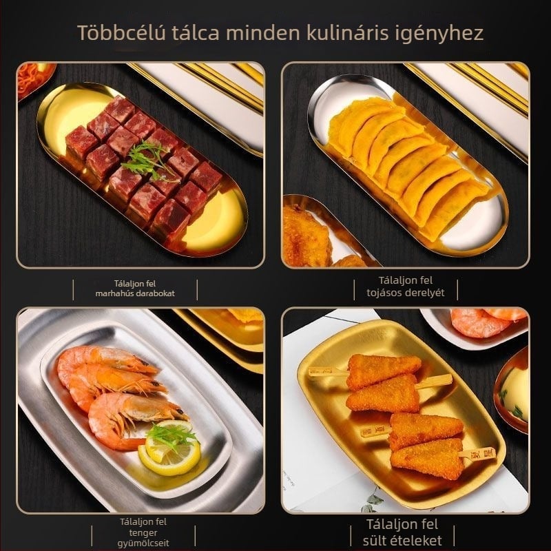 Koreai stílusú ovális rozsdamentes acél tál grillezéshez és harapnivalókhoz, arany felülettel