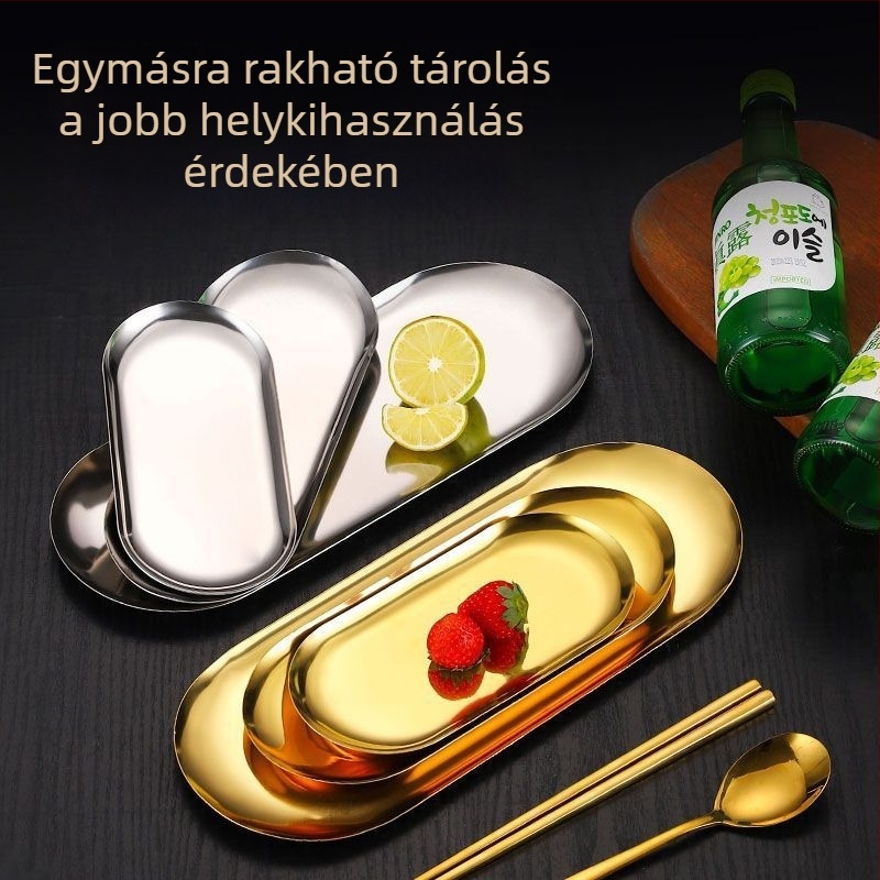 Koreai stílusú ovális rozsdamentes acél tál grillezéshez és harapnivalókhoz, arany felülettel