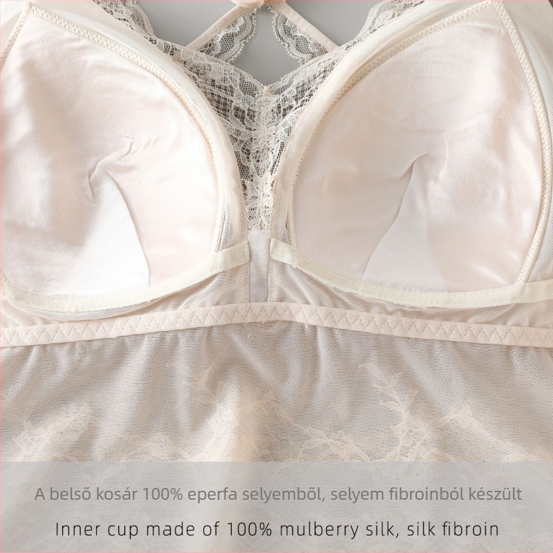 Francia stílusú V-nyakú melltartó 100% mulberry selyem béléssel, kényelmes és lélegző, latex kosár kivágásokkal