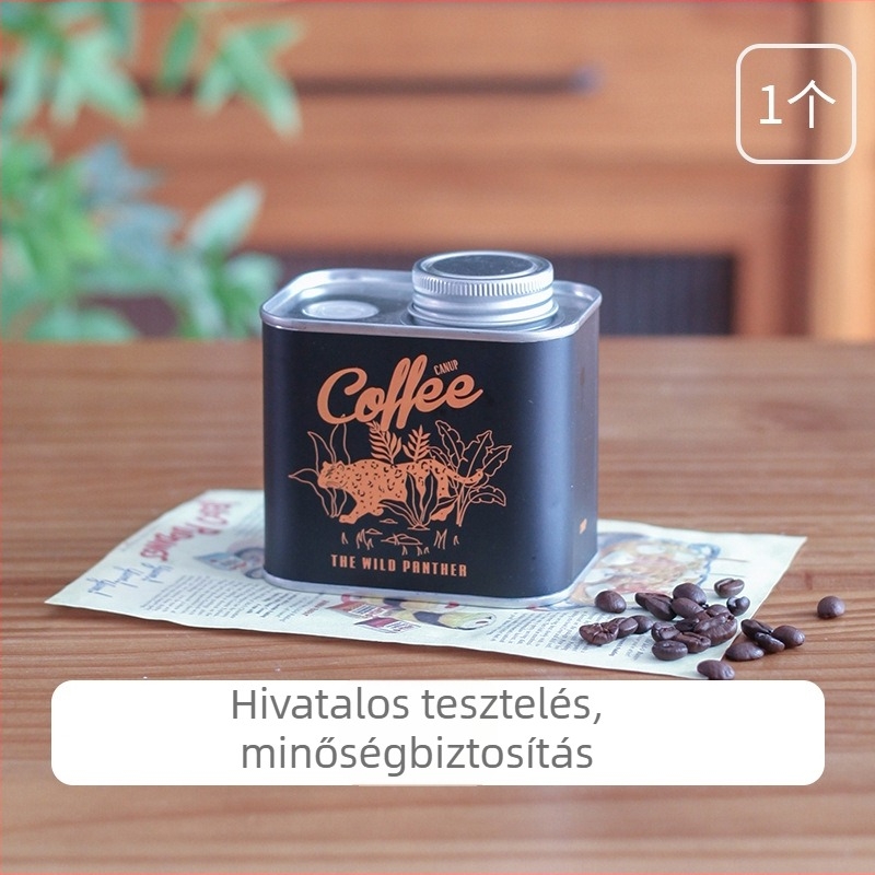Kempingezéshez kávébab tárolására szolgáló fémdoboz, téglalap alakú kivitelben, szellőző kialakítással