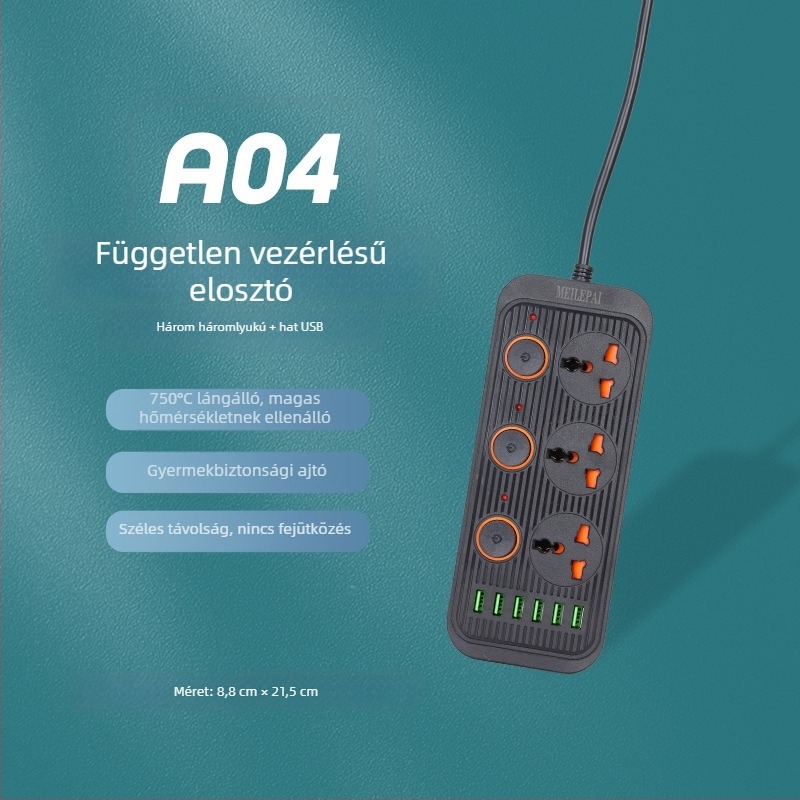 USB porttal rendelkező hosszabbító, több aljzattal és kapcsolóval – otthoni használatra