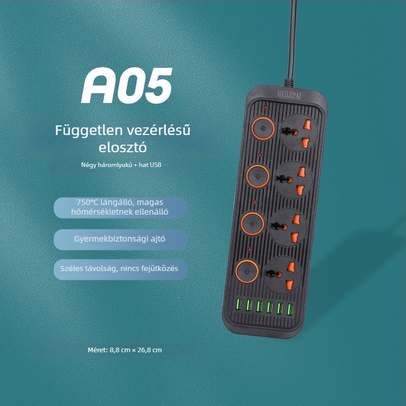 USB porttal rendelkező hosszabbító, több aljzattal és kapcsolóval – otthoni használatra