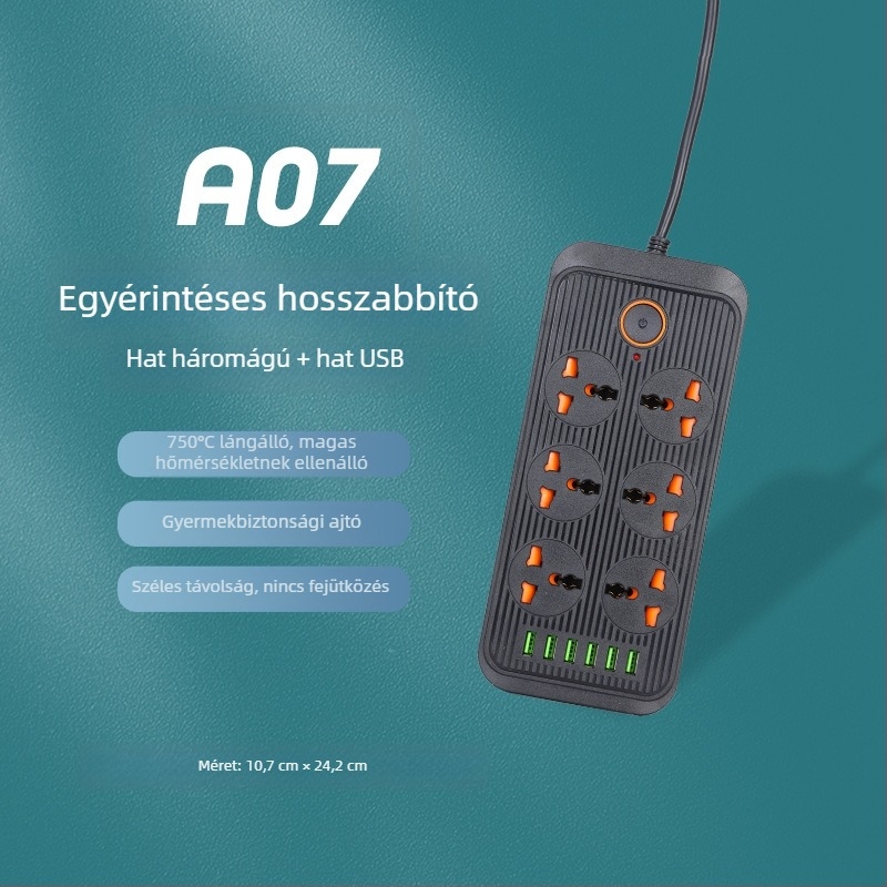 USB porttal rendelkező hosszabbító, több aljzattal és kapcsolóval – otthoni használatra