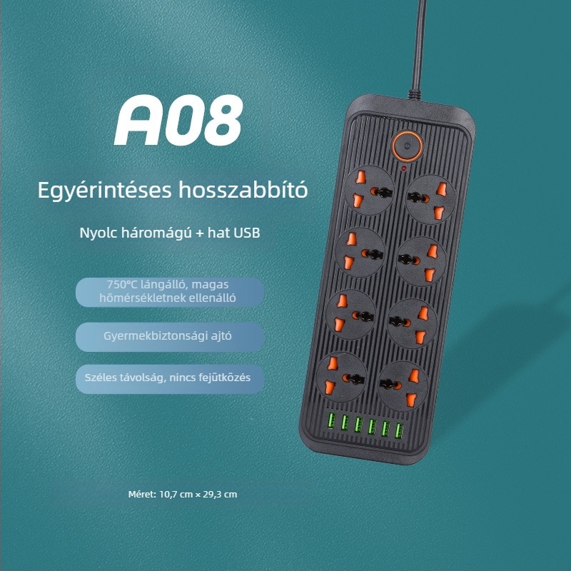 USB porttal rendelkező hosszabbító, több aljzattal és kapcsolóval – otthoni használatra