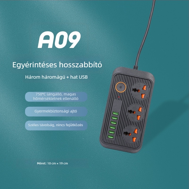 USB porttal rendelkező hosszabbító, több aljzattal és kapcsolóval – otthoni használatra
