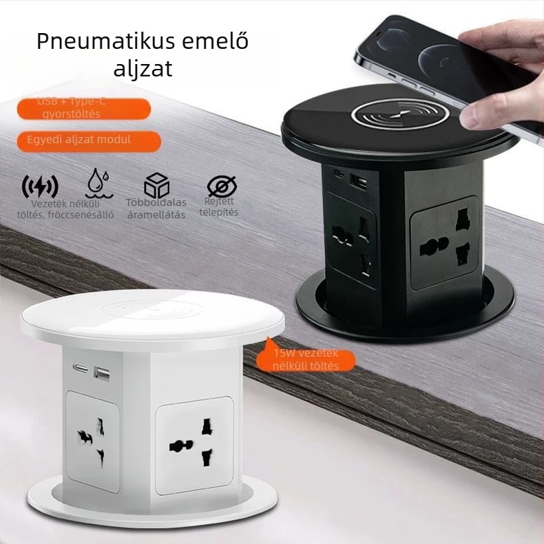 Pneumatikus-hidraulikus emelő okos konnektor, beépített konyhai szigetre és irodai bútorokra, rejtett vezeték nélküli töltéssel és integrált elosztóval