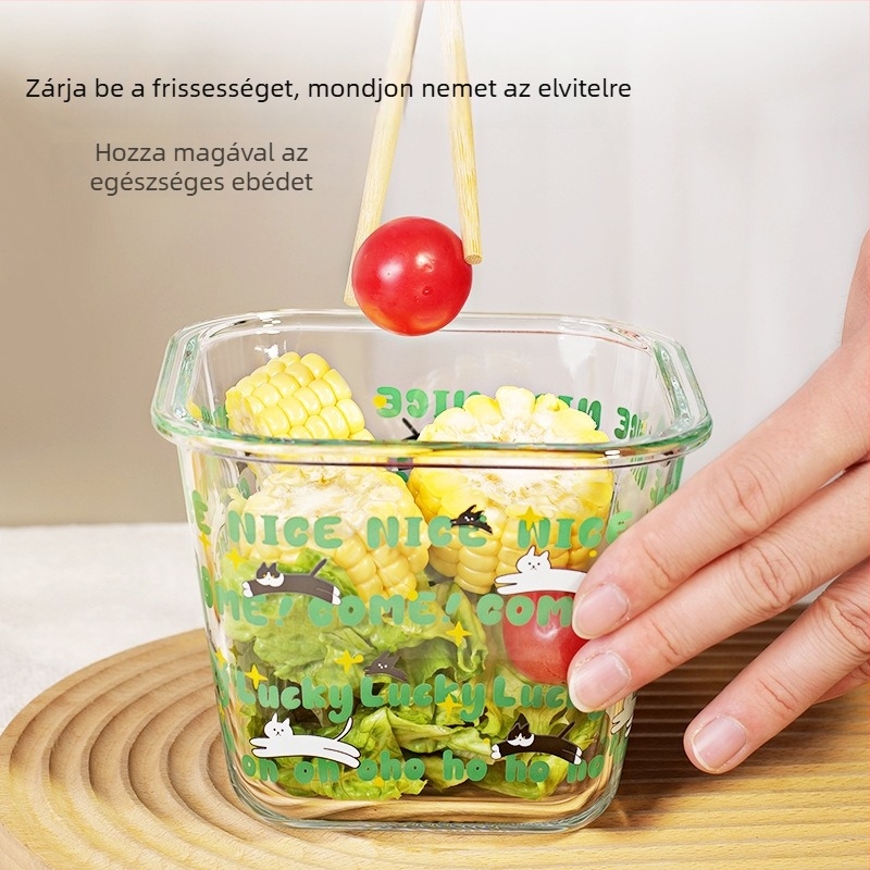 Üveges ebédes doboz fedővel, mikrózható, irodai használatra, megőrzi a gyümölcsök frissességét