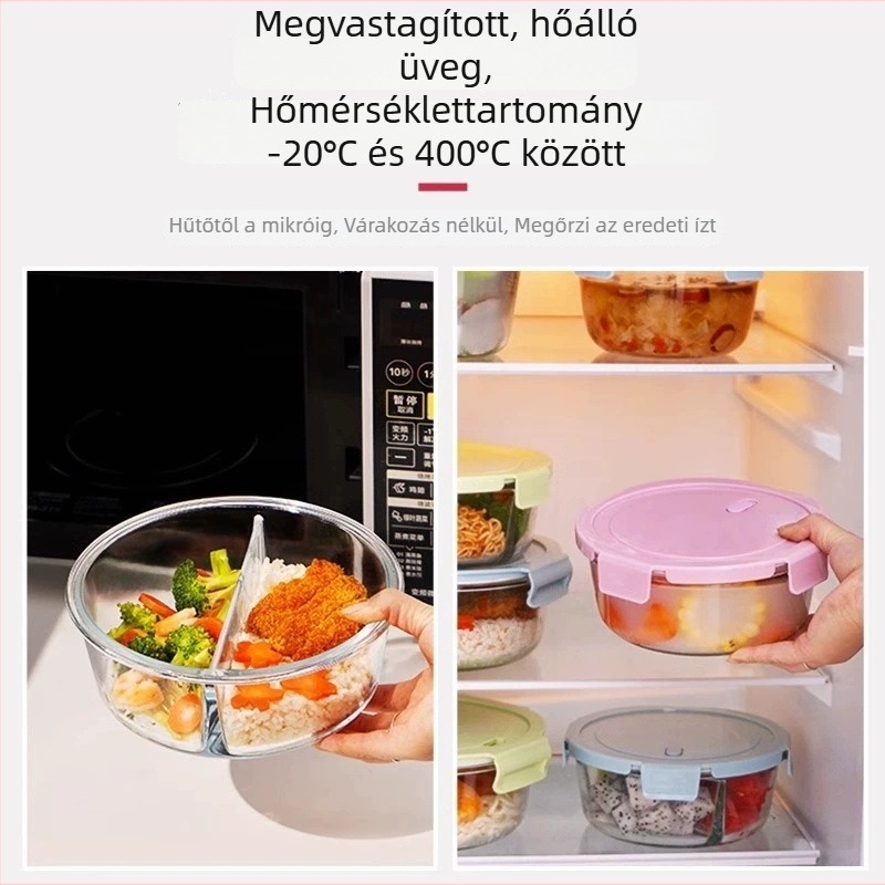 Kerek üveg ételhordó fedéllel, mikrohullámú sütőben használható, 800–1000 ml, irodai ebéd tartó