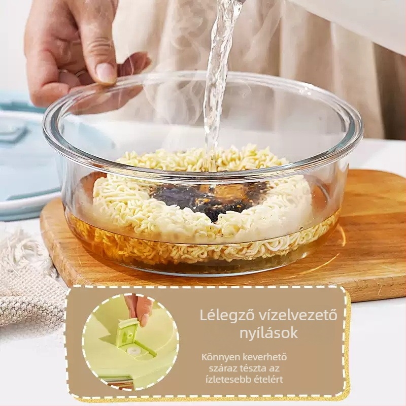 Kerek üveg ételhordó fedéllel, mikrohullámú sütőben használható, 800–1000 ml, irodai ebéd tartó
