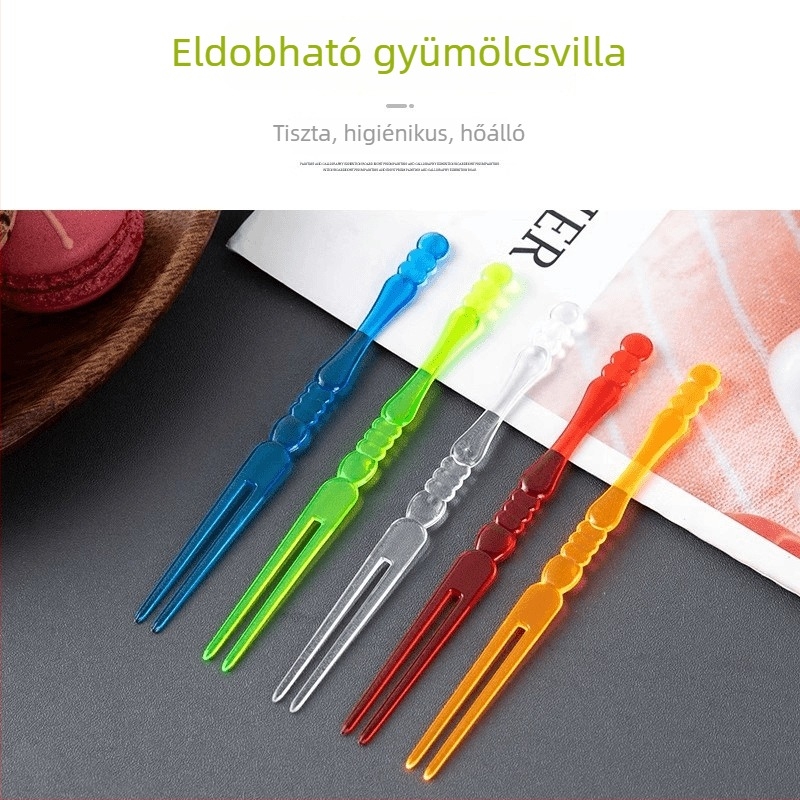 Egyszer használatos gyümölcs villák gyümölcsre és desszertekhez, kisméretű, átlátszó műanyagból, egyenként csomagolva