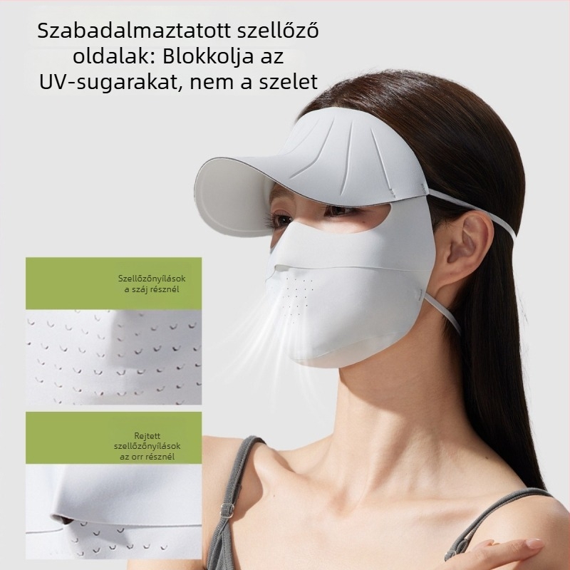 Női teljes arcú napvédő maszk, UV védelem, nyári kerékpáros sapka karimával, légáteresztő Ice Silk anyagú maszk