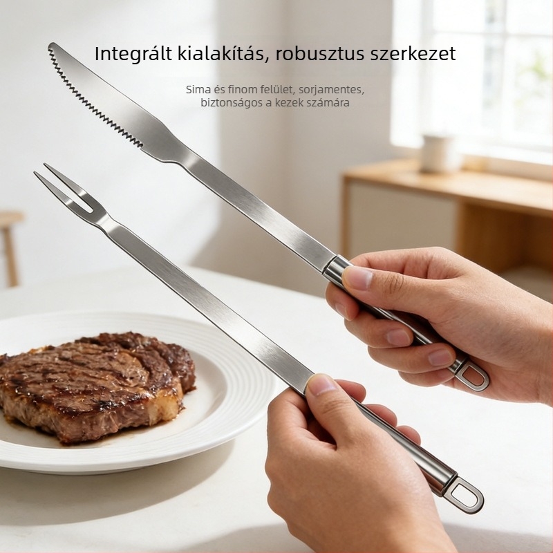 Rozsdamentes acélból készült hosszú nyelű grillkés és villa készlet kültéri grillezéshez, steakhez és bárányhúshoz