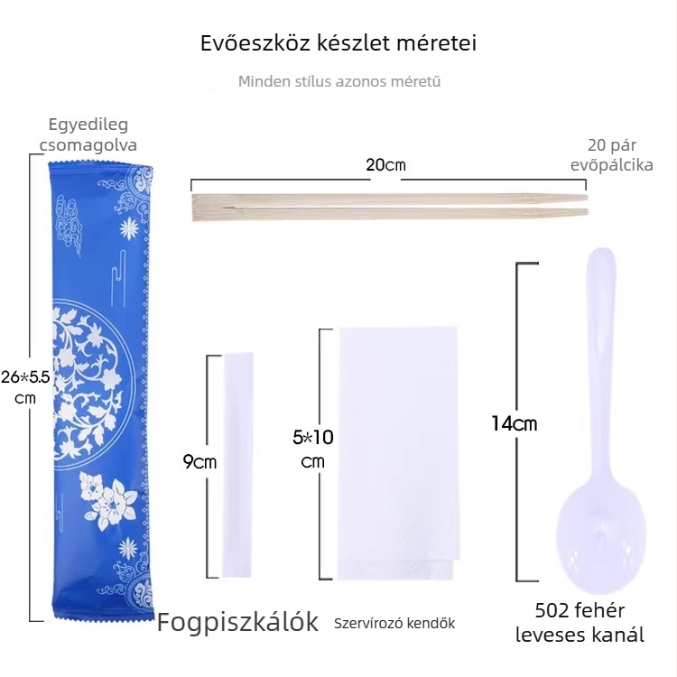 Egyszer használatos bambusz evőeszközök – négy darabos készlet ebédhez, papírszalvétával, fogpiszkálóval, tálakkal és kanalakkal