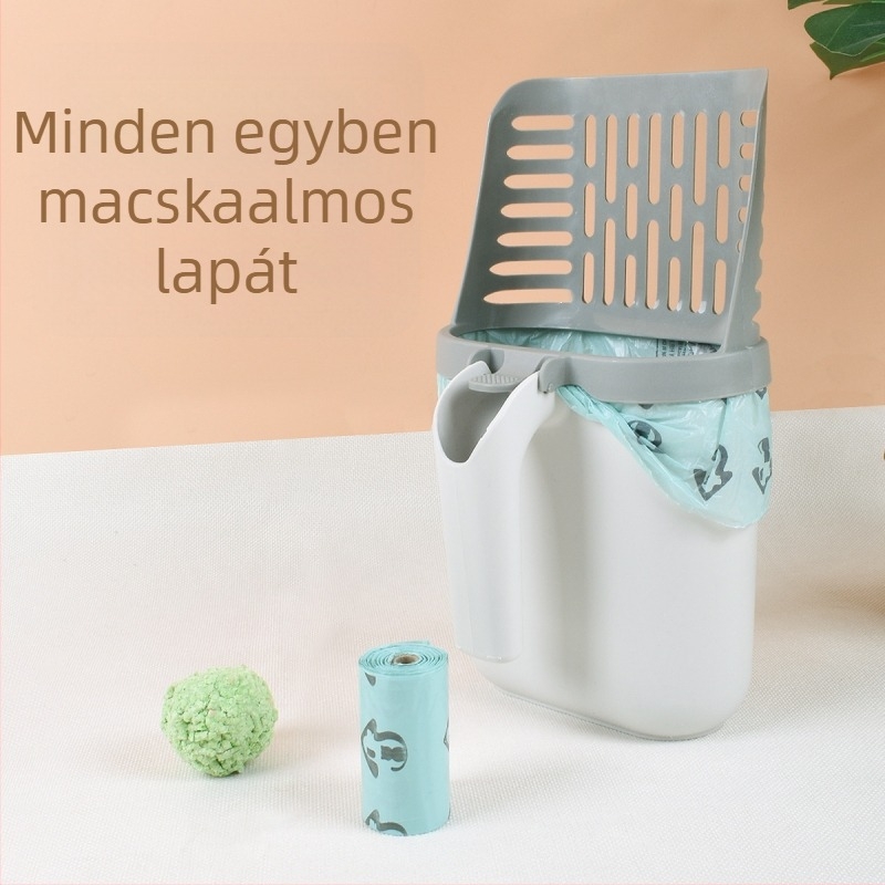 Macskaalomhoz való kanál szemeteszsákkal, macskaalom-lapát, eszköz az ürülék összegyűjtéséhez