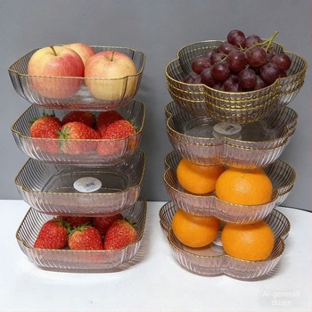 Műanyag gyümölcstál aranyszegéllyel, átlátszó snacktál, minimalist design