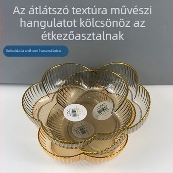 Műanyag gyümölcstál aranyszegéllyel, átlátszó snacktál, minimalist design