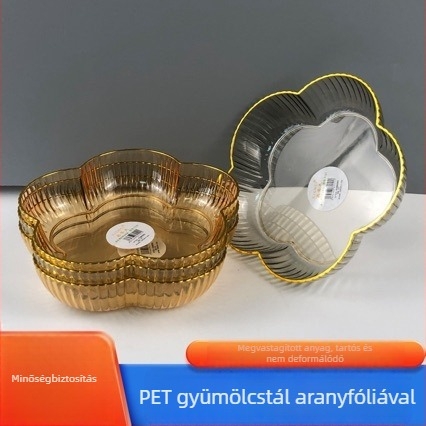 Műanyag gyümölcstál aranyszegéllyel, átlátszó snacktál, minimalist design
