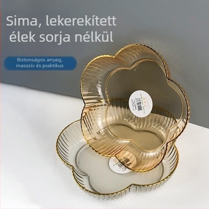 Műanyag gyümölcstál aranyszegéllyel, átlátszó snacktál, minimalist design
